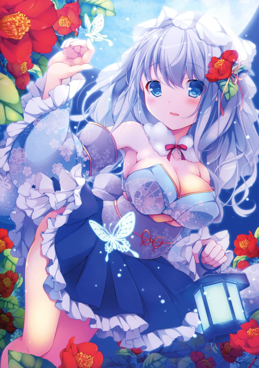 1girl absurdres bangs blue_eyes blue_hair blue_skirt blush breasts butterfly cleavage dutch_angle erect_nipples eyebrows_visible_through_hair flower frilled_skirt frills full_moon hair_between_eyes hair_flower hair_ornament hand_up highres holding japanese_clothes lantern large_breasts light_smile long_hair looking_at_viewer moon night obi original outdoors parted_lips red_flower sash scan skirt smile solo standing thighs veil yumemiya_subaru
