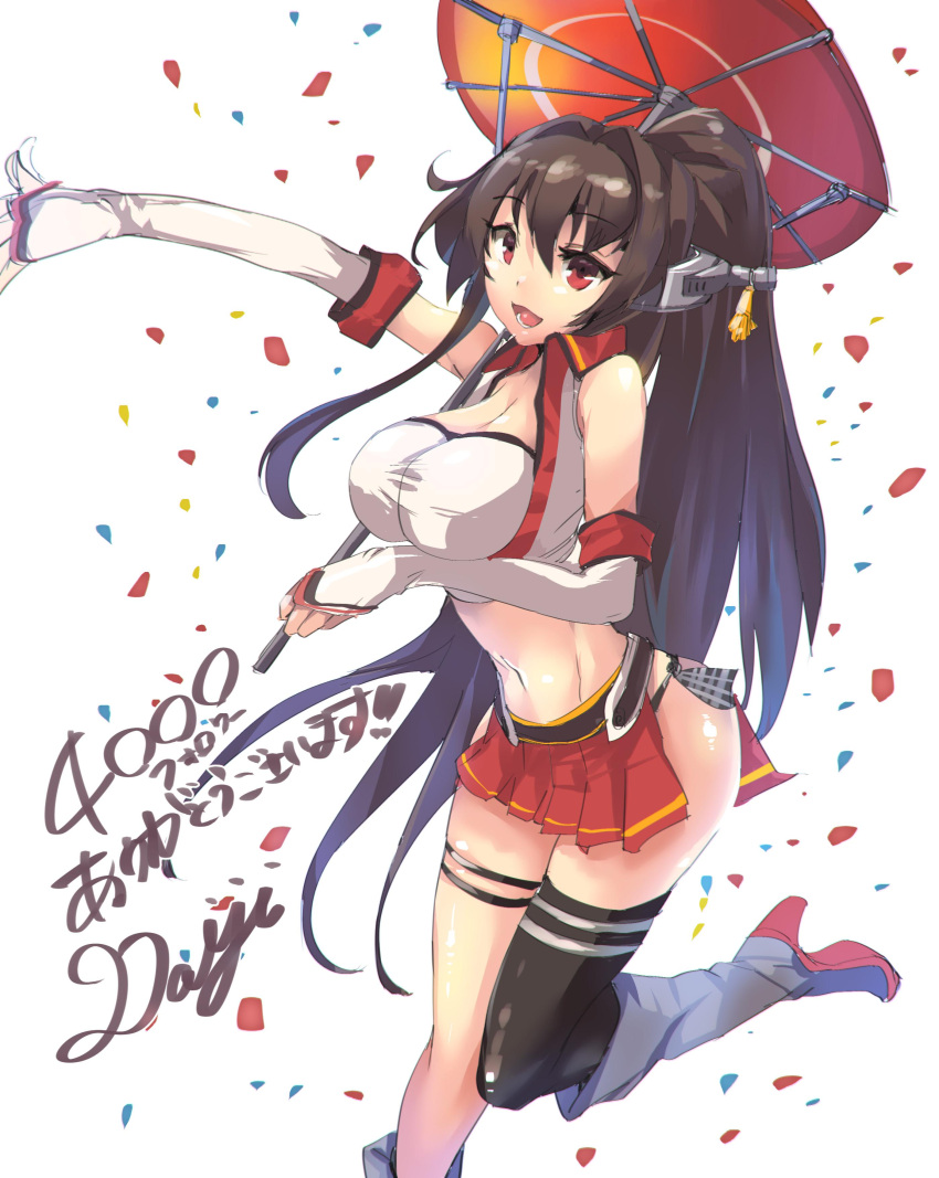 1girl absurdres adapted_costume alternate_costume armadillo-tokage black_legwear breasts brown_hair confetti elbow_gloves gloves headgear highres kantai_collection large_breasts long_hair midriff navel outstretched_arm ponytail racequeen red_eyes side_slit single_thighhigh skirt solo thigh-highs twitter_username umbrella very_long_hair yamato_(kantai_collection)