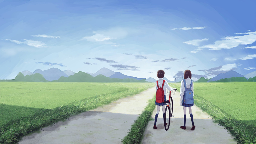 2girls arms_at_sides backpack bag bicycle bicycle_basket blue_legwear blue_skirt blue_sky brown_hair brown_shoes clouds cloudy_sky commentary_request day dirt_road field from_behind grass ground_vehicle highres kneehighs ligton1225 loafers long_hair long_sleeves multiple_girls outdoors road scenery school_bag shirt shoes short_hair skirt sky sleeves_folded_up standing white_shirt