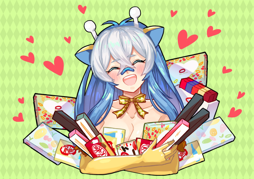 1girl bandage_on_face blue_hair breasts chocolate cleavage closed_eyes collarbone elbow_gloves facing_viewer gift girafarig giraffe_ears gloves heart highres horns kasuka108 kitkat long_hair personification pokemon solo upper_body white_hair yellow_gloves