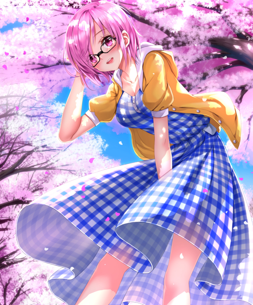 1girl bending_forward black-framed_eyewear blue_dress breasts cherry_blossoms dappled_sunlight day dress dress_tug fate_(series) from_below glasses hair_over_one_eye hair_tucking hand_in_hair hand_on_own_head highres hood hood_down hooded_jacket hooded_track_jacket jacket leaning_forward lips looking_at_viewer medium_breasts open_clothes open_jacket open_mouth outdoors petals plaid plaid_dress puffy_short_sleeves puffy_sleeves purple_hair shielder_(fate/grand_order) shiny shiny_hair short_hair short_sleeves sky smile solo sunlight swordsouls track_jacket unbuttoned violet_eyes yellow_jacket