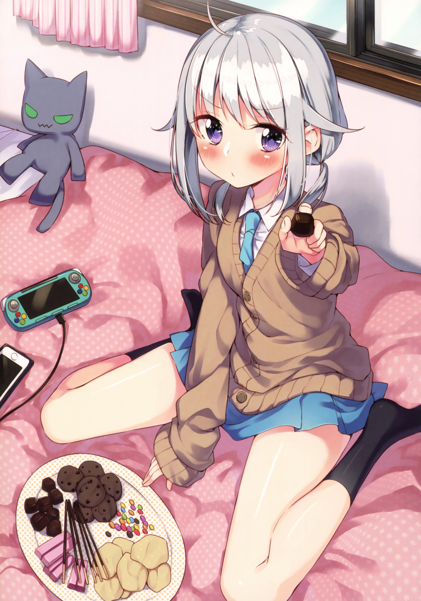 1girl absurdres ahoge aqua_necktie bangs bed_sheet between_legs black_legwear blue_necktie blue_skirt blush buttons cable cardigan cellphone chips chocolate closed_mouth collared_shirt cookie curtains dress_shirt eyebrows_visible_through_hair feeding food grey_hair hair_flaps hand_between_legs hand_up handheld_game_console highres holding holding_chocolate indoors looking_at_viewer low_ponytail necktie on_bed original phone playstation_portable pleated_skirt pocky ponytail pursed_lips sakuragi_ren school_uniform shirt short_hair silver_hair sitting sitting_on_bed skirt sleeves_past_wrists smartphone snack socks solo stuffed_animal stuffed_cat stuffed_toy violet_eyes wariza white_shirt window