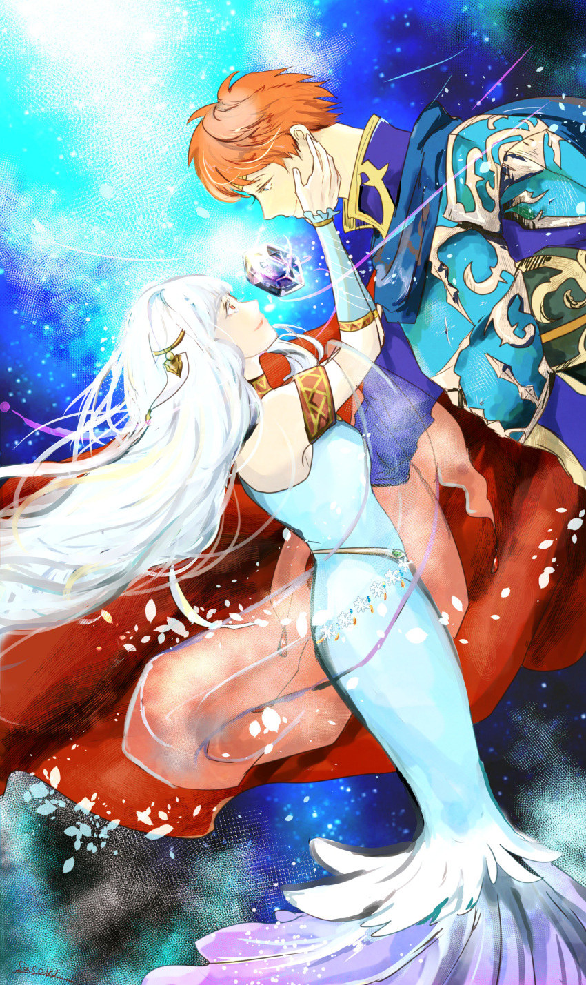 1boy 1girl absurdres armor bare_shoulders blue_armor blue_dress blue_eyes blue_hair cape couple dress elbow_gloves eliwood_(fire_emblem) fire_emblem fire_emblem:_rekka_no_ken fire_emblem_heroes gem gloves hand_on_another's_face hetero highres long_hair ninian pauldrons red_eyes redhead scarf smile strapless strapless_dress tears very_long_hair