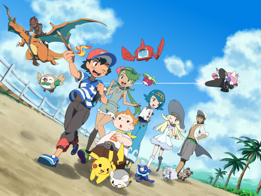 4girls 6+boys alola_form alolan_vulpix ameiro_pk anime_coloring backpack bag baseball_cap bewear blue_hair blue_sky bounsweet braid brown_eyes capri_pants charizard clouds dark_skin dark_skinned_male dress dutch_angle fanny_pack fence green_hair hat highres kaki_(pokemon) kojirou_(pokemon) kukui_(pokemon) mamane_(pokemon) mallow_(pokemon) meowth mimikyu multicolored_hair multiple_boys multiple_girls musashi_(pokemon) orange_hair overalls palm_tree pants pokedex pokemon pokemon_(anime) pokemon_(creature) pokemon_(game) pokemon_sm popplio riding rockruff rotom rotom_dex rowlet shirt sky stick striped striped_shirt suiren_(pokemon) tree twin_braids two-tone_hair vulpix walking