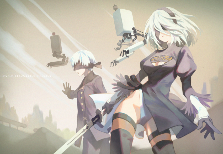 1boy 1girl black_dress black_legwear breasts center_opening copyright_name dress holding holding_sword holding_weapon juliet_sleeves katana leotard long_sleeves lor968 medium_breasts nier_(series) nier_automata open_mouth outstretched_arm parted_lips pod_(nier_automata) puffy_sleeves short_dress short_hair standing sword thigh-highs thigh_strap weapon white_hair white_leotard yorha_no._2_type_b yorha_no._9_type_s