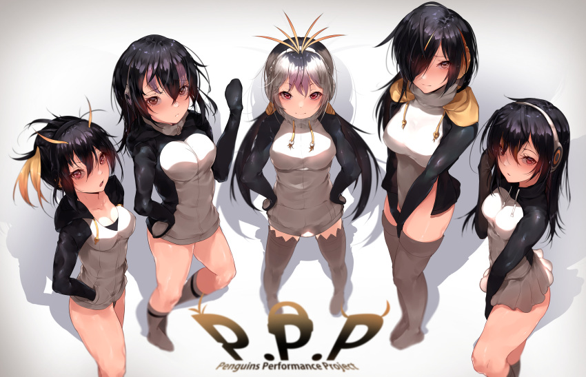 5girls absurdres black_hair blush breasts cleavage closed_mouth collarbone dress emperor_penguin_(kemono_friends) from_above gentoo_penguin_(kemono_friends) group_name hair_between_eyes hair_over_one_eye hands_on_hips headphones highres hood hoodie hplay humboldt_penguin_(kemono_friends) kemono_friends large_breasts leotard long_hair looking_at_viewer medium_breasts multiple_girls open_mouth penguins_performance_project_(kemono_friends) red_eyes rockhopper_penguin_(kemono_friends) royal_penguin_(kemono_friends) shadow short_hair silver_hair socks standing thigh-highs white_dress white_leotard