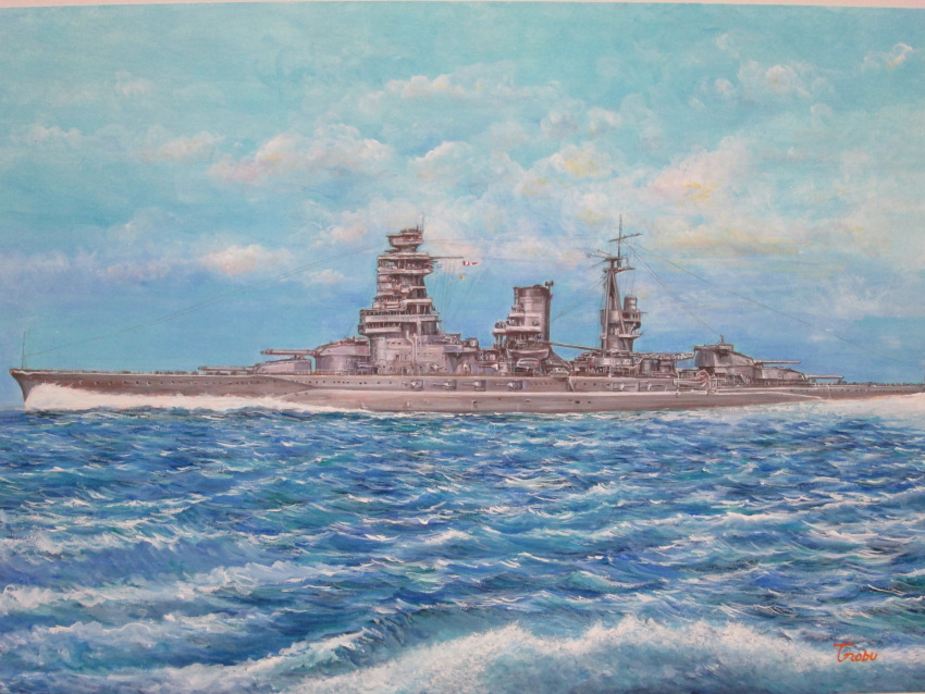 battleship highres imperial_japanese_navy military military_vehicle mutsu_(battleship) no_humans nobu_(pixiv17498793) ocean original rising_sun ship smokestack sunburst turret warship watercraft waves