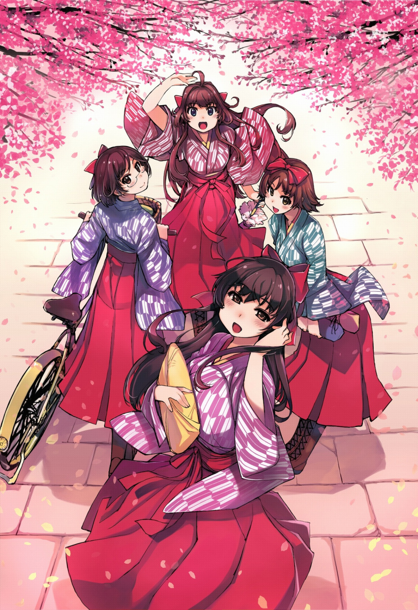 4girls ahoge bicycle black_hair blue_eyes boots bow brown_eyes brown_hair cherry_blossoms cross-laced_footwear glasses ground_vehicle hair_bow hakama haruna_(kantai_collection) hiei_(kantai_collection) highres japanese_clothes kantai_collection kimono kirishima_(kantai_collection) kongou_(kantai_collection) lace-up_boots long_hair looking_at_viewer looking_back multiple_girls red_bow semi-rimless_glasses shaft_look short_hair smile under-rim_glasses waving xration