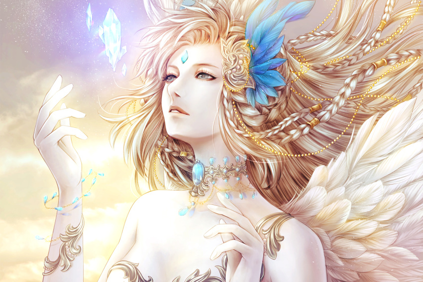 1girl angel angel_wings bare_shoulders blonde_hair bracelet braid crystal fantasy feathers female floating_hair forehead_jewel grey_eyes hair_ornament highres jewelry lips long_hair multiple_braids neck necklace original parted_lips satochi_(1122) solo upper_body wings