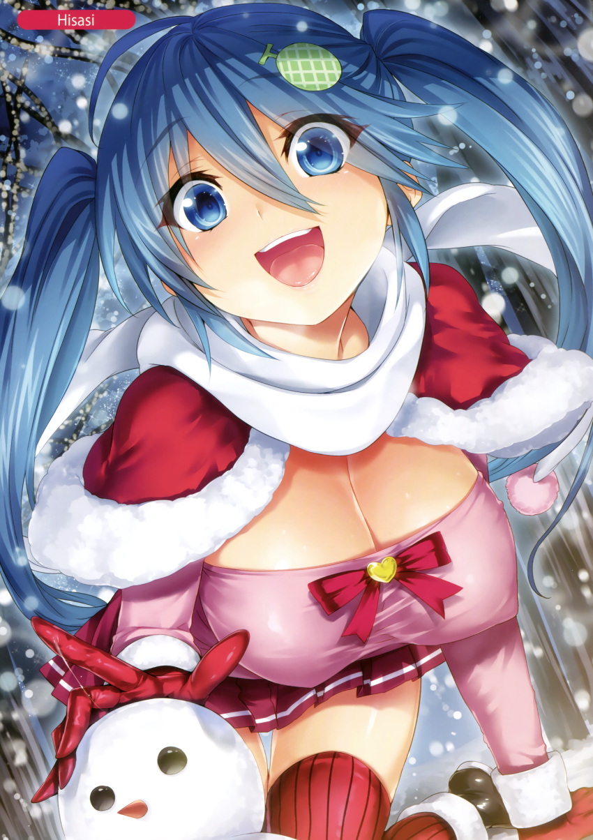 1girl :d absurdres ahoge arm_at_side bangs blue_eyes blue_hair bow bowtie breasts brown_shoes capelet cleavage eyebrows_visible_through_hair eyes_visible_through_hair fur-trimmed_capelet fur_trim gloves hair_between_eyes hair_ornament hairclip highres hisashi_(nekoman) large_breasts long_hair long_sleeves looking_at_viewer melonbooks open_mouth outdoors pleated_skirt pom_pom_(clothes) red_bow red_bowtie red_gloves red_legwear red_skirt round_teeth scan scarf shoes skirt smile snow snowing snowman solo teeth thigh-highs thigh_gap tongue tree twintails upper_teeth white_scarf