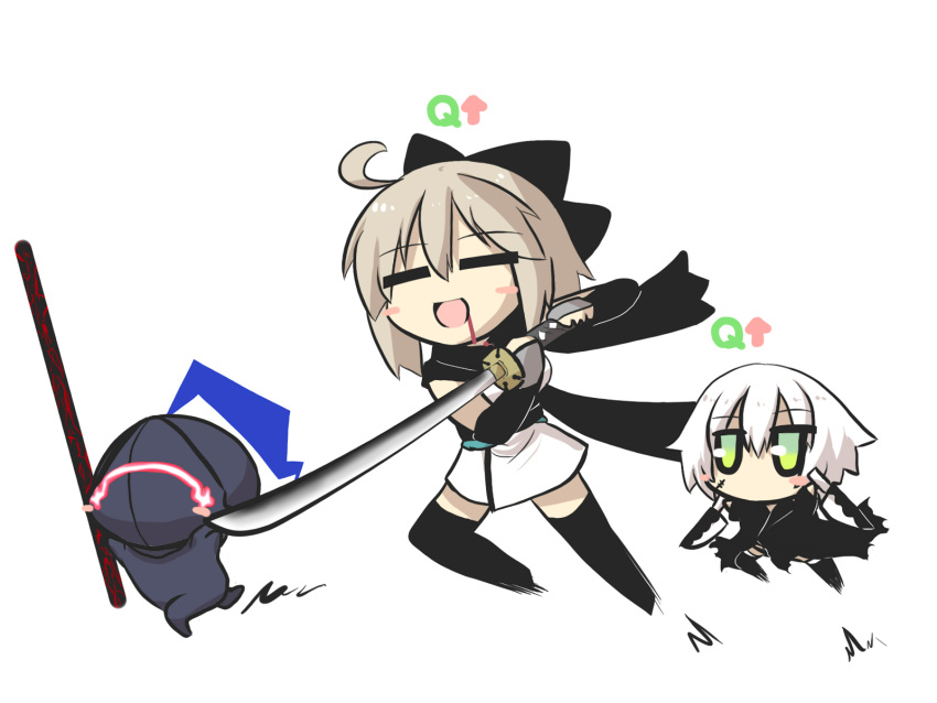 =_= ahoge armor arms_up assassin_of_black berserker_(fate/zero) blonde_hair blood blood_from_mouth blush_stickers chibi comic commentary_request dual_wielding fate/grand_order fate_(series) fleeing full_armor glowing gomasamune green_eyes hair_between_eyes hair_up helmet highres holding holding_knife holding_sword holding_weapon japanese_clothes jumping katana kimono knife open_mouth saber sakura_saber scar_on_cheek scarf short_kimono sleeveless sword thigh-highs weapon white_background white_hair