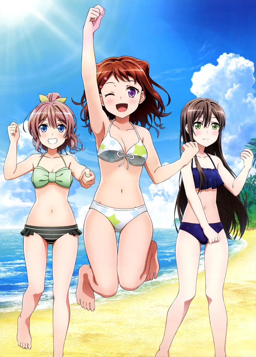 3girls ;d absurdres arm_up bang_dream! barefoot beach bikini black_bikini_bottom black_hair blue_bikini blue_eyes blush bow breasts brown_hair cleavage clouds cloudy_sky collarbone feet front-tie_bikini front-tie_top full_body green_bikini_top green_bow green_eyes grin groin hair_between_eyes hair_ornament hair_ribbon hanazono_tae high_ponytail highres jumping long_hair looking_at_viewer medium_breasts multiple_girls navel ocean official_art one_eye_closed one_leg_raised open_mouth outdoors ribbon sky smile standing star star_hair_ornament striped_bikini_bottom sunlight swimsuit toes toyama_kasumi very_long_hair white_ribbon yamabuki_saaya yellow_ribbon