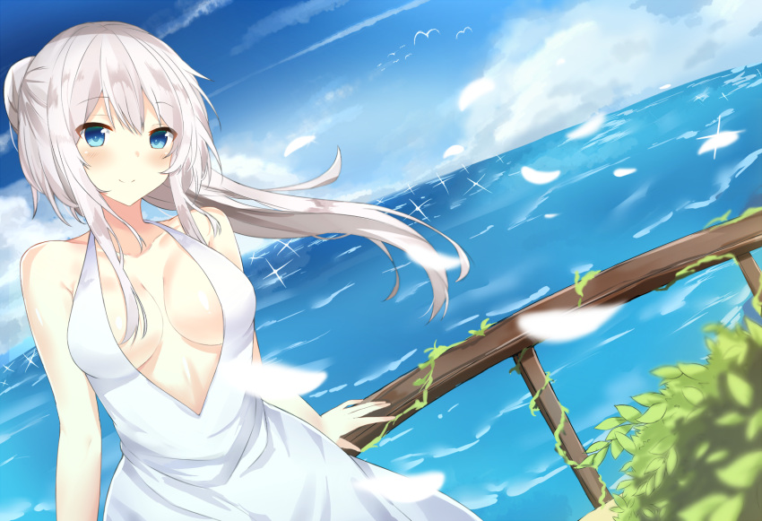 1girl bare_shoulders bird blush breasts bush center_opening closed_mouth clouds collarbone condensation_trail day dress eyebrows_visible_through_hair fence halterneck head_tilt highres horizon kurigura_(sketch_san) looking_at_viewer medium_breasts ocean original outdoors seagull shiny shiny_skin silver_hair sleeveless sleeveless_dress solo sparkle tareme water wind