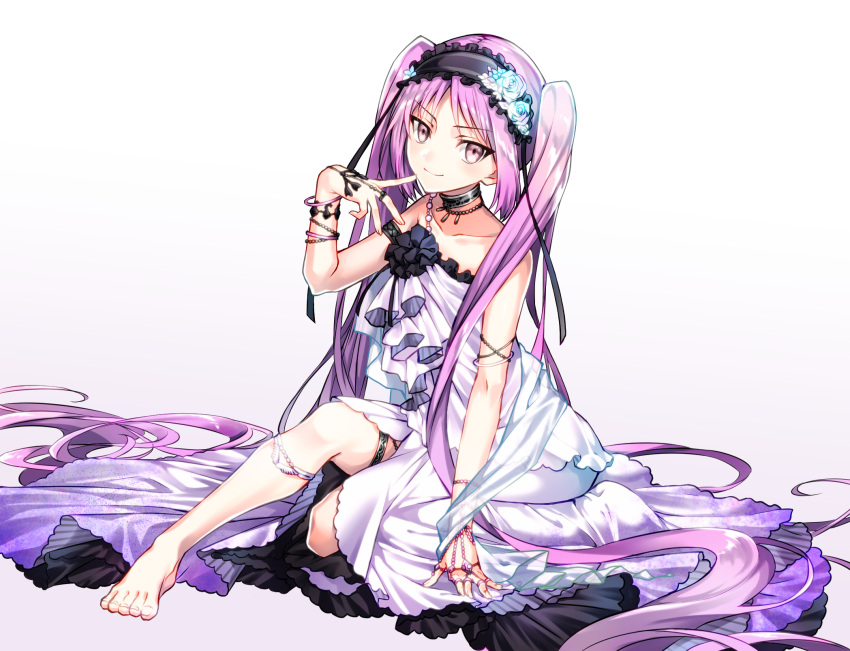1girl armlet bare_shoulders barefoot blush commentary_request dress euryale fate/hollow_ataraxia fate_(series) feet finger_to_mouth flower full_body hair_flower hair_ornament hairband headdress highres jewelry lolita_hairband long_hair looking_at_viewer maid_headdress purple_hair smile solo thighlet toes tsukasa_kinako twintails very_long_hair violet_eyes white_dress
