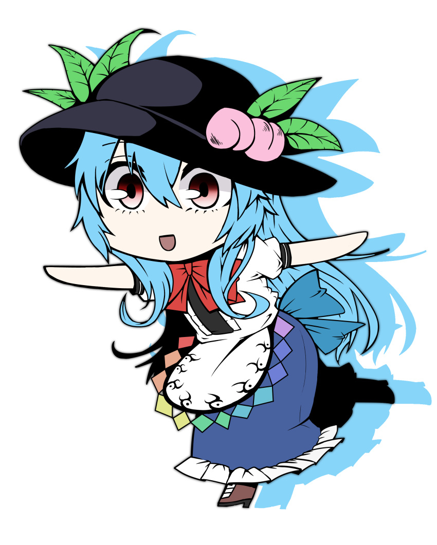 1girl :d absurdres black_hat blue_hair blue_skirt boots bow bowtie brown_boots chibi commentary_request food frilled_skirt frills fruit full_body hair_between_eyes hat hat_leaf highres hinanawi_tenshi kakegami long_hair looking_at_viewer open_mouth outstretched_arms peach puffy_short_sleeves puffy_sleeves rainbow_order red_bow red_bowtie red_eyes shirt short_sleeves silhouette skirt smile solo spread_arms touhou white_background white_shirt