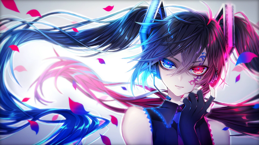 1055 1girl black_hair blue_eyes closed_mouth dark_persona eyelashes facial_tattoo fingerless_gloves gloves gradient gradient_background hair_between_eyes hatsune_miku headphones heterochromia highres lips long_hair looking_at_viewer nail_polish necktie petals red_eyes sleeveless solo tattoo twintails very_long_hair vocaloid