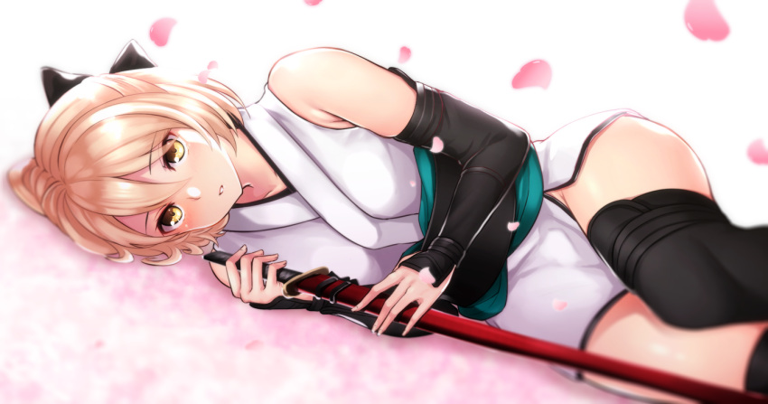 1girl artist_request bare_shoulders black_ribbon blonde_hair blush cherry_blossoms fate/grand_order fate_(series) fingernails groin japanese_clothes kimono long_fingernails looking_at_viewer lying on_side parted_lips petals ribbon sakura_saber short_kimono sleeveless sleeveless_kimono solo sword thigh-highs thighs weapon yellow_eyes