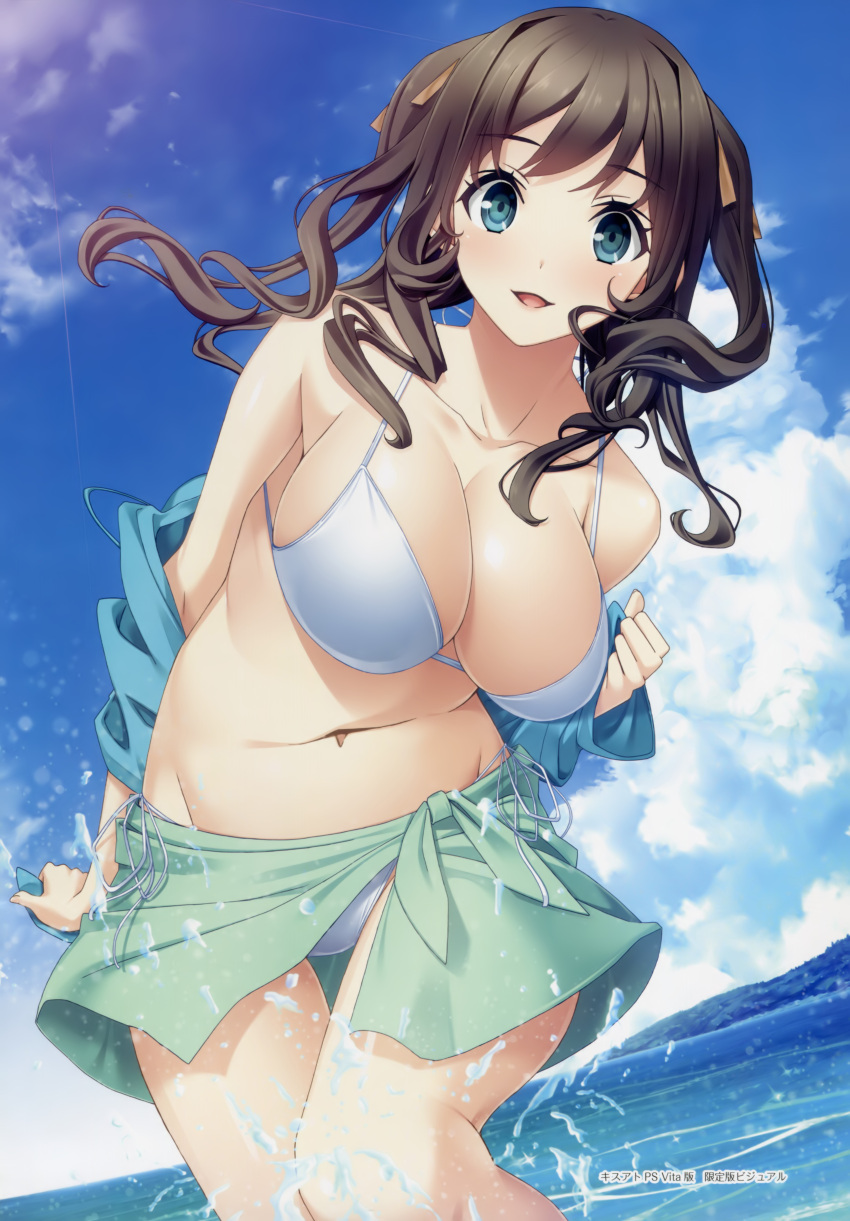 1girl absurdres aikawa_arisa_(kiss_ato) arm_at_side bangs bare_shoulders bikini blue_eyes blue_sky breasts brown_hair cleavage clouds cloudy_sky collarbone cowboy_shot day eyebrows_visible_through_hair fingernails hair_ornament hair_ribbon hand_up highres hood hoodie jacket kiss_ato_kiss_will_change_my_relation_with_you large_breasts legs_together long_hair looking_at_viewer mikoto_akemi ocean off_shoulder open_clothes open_jacket open_mouth orange_ribbon outdoors partially_submerged ribbon sarong side-tie_bikini sky smile solo standing strap_gap string_bikini swimsuit thigh_gap twintails water white_bikini