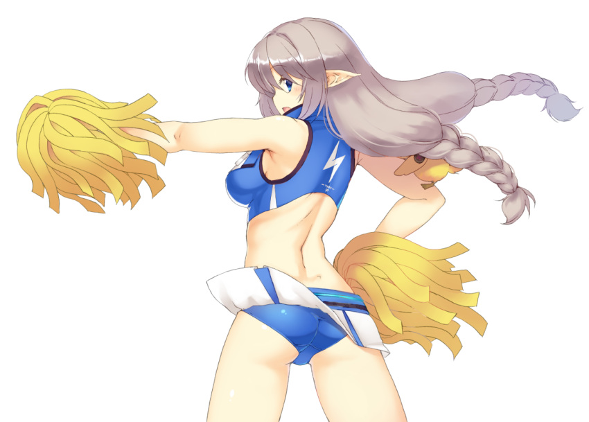 1girl armpits back bare_shoulders blue_eyes blue_panties blush braid breasts character_request cheerleader cowboy_shot crop_top floating_hair from_behind grey_hair long_hair looking_at_viewer looking_back low_braid medium_breasts miniskirt nakadori_(movgnsk) open_mouth panties phantasy_star phantasy_star_online_2 pointy_ears pom_pom_(clothes) skirt solo twin_braids underwear wind wind_lift