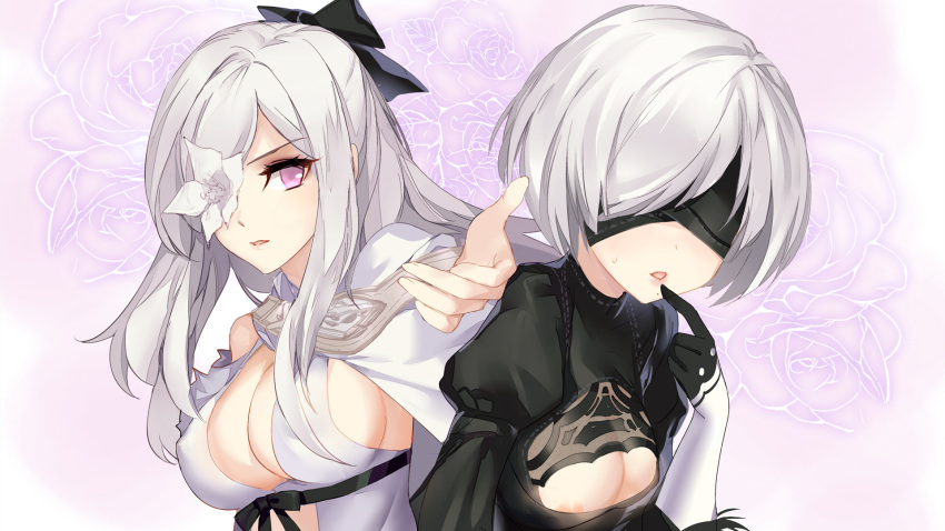 2girls bangs bare_shoulders black_bow black_dress black_hairband black_ribbon blindfold bow breasts cape cleavage covered_eyes crossover drag-on_dragoon drag-on_dragoon_3 dress finger_to_mouth fingernails floral_background flower flower_eyepatch gekka_nanako gloves hair_bow hair_over_eyes hair_over_one_eye hairband hand_up highres index_finger_raised juliet_sleeves lips long_hair long_sleeves looking_at_viewer medium_breasts mole mole_under_mouth multiple_girls nier_(series) nier_automata nose open_mouth parted_lips pink_eyes pink_lips puffy_sleeves reaching reaching_out ribbed_dress ribbon rose short_hair silver_hair sweatdrop turtleneck upper_body white_cape white_dress white_flower white_hair yorha_no._2_type_b zero_(drag-on_dragoon)