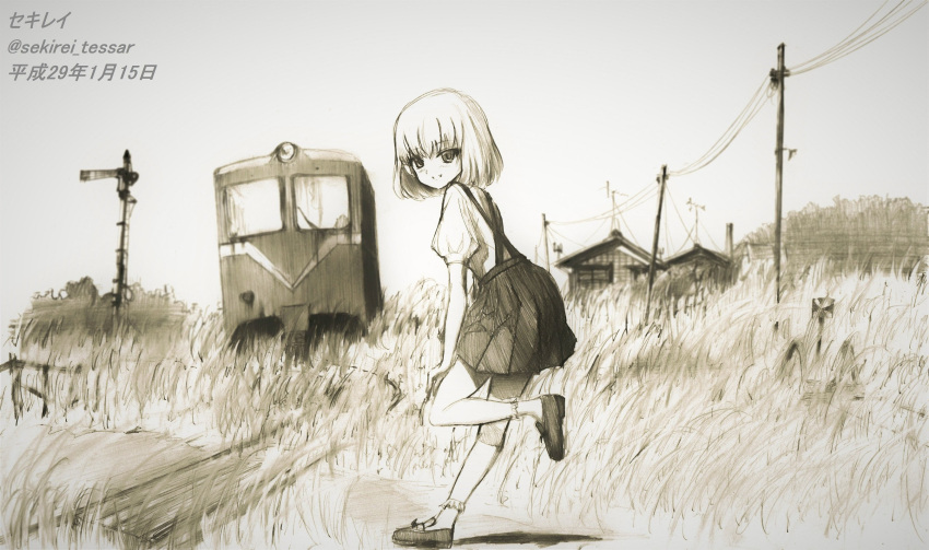 1girl alternate_costume artist_name blurry dated depth_of_field girls_und_panzer graphite_(medium) grass greyscale ground_vehicle highres house katyusha looking_at_viewer looking_to_the_side monochrome outdoors puffy_short_sleeves puffy_sleeves railroad_crossing railroad_tracks sekirei_tessar shadow short_hair short_sleeves sketch skirt sky smile solo standing standing_on_one_leg suspender_skirt suspenders telephone_pole traditional_media train twitter_username