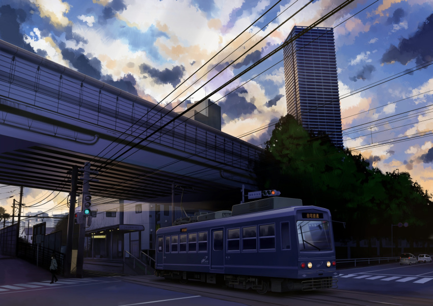 1girl bridge building car city clouds crosswalk dark gensuke_(ryun) ground_vehicle highres motor_vehicle original power_lines road scenery sky street streetcar sunrise telephone_pole traffic_light train_station tree walking