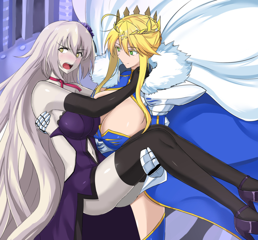 2girls artoria_pendragon_lancer_(fate/grand_order) blonde_hair blush breasts cape cleavage closed_mouth cowboy_shot crown dress fate/grand_order fate_(series) gloves green_eyes hair_ornament highres jeanne_alter large_breasts long_hair looking_at_another looking_to_the_side multiple_girls navel open_mouth pale_skin ruler_(fate/apocrypha) saber shiny shiny_hair silver_hair smile stomach takara_joney thighs yellow_eyes