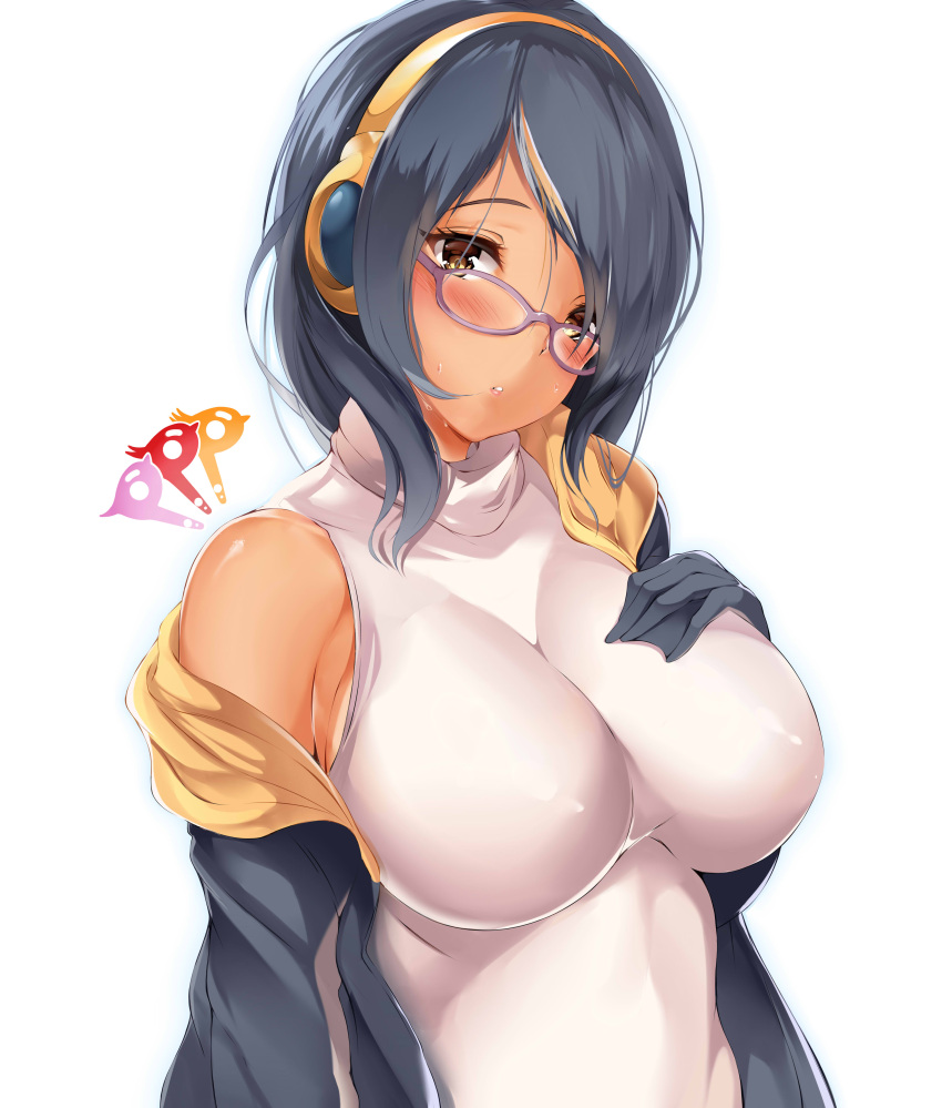 1girl absurdres bare_shoulders black_hair blush breasts brown_eyes brown_hair dark_skin emperor_penguin_(kemono_friends) glasses hair_over_one_eye headphones highres hood hoodie kemono_friends large_breasts leotard long_hair looking_at_viewer multicolored_hair off_shoulder open_clothes open_hoodie penguins_performance_project_(kemono_friends) solo suigetsu_(hjs1106) sweat white_leotard