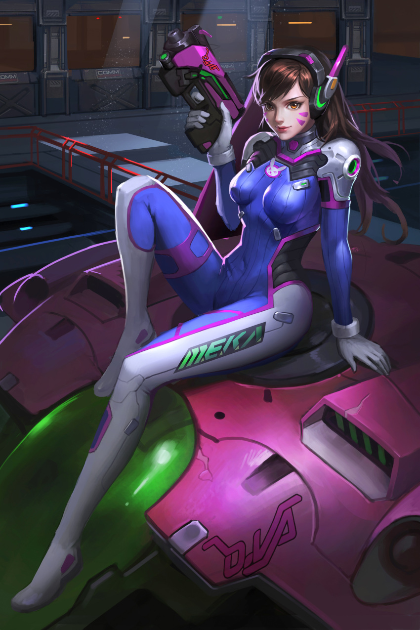 1girl absurdres acronym animal_print bangs bodysuit breasts brown_eyes brown_hair bunny_print ch_(yan22947) character_name clothes_writing covered_navel d.va_(overwatch) dust emblem erect_nipples facepaint facial_mark finger_on_trigger full_body gloves gun handgun headphones high_collar highres holding holding_gun holding_weapon leg_up light_particles light_rays lips long_hair long_legs looking_at_viewer mecha medium_breasts meka_(overwatch) nose one_leg_raised overwatch pilot_suit pink_lips pistol pose railing ribbed_bodysuit shoulder_pads sitting skin_tight smile solo swept_bangs weapon whisker_markings white_gloves