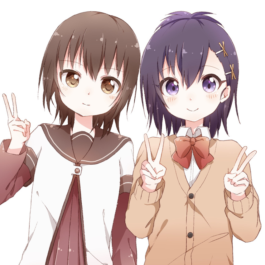 2girls :&gt; bafarin blush brown_eyes brown_hair buttons cardigan collar collared_shirt crossover dot_nose double_v dress eyebrows_visible_through_hair funami_yui gabriel_dropout hair_between_eyes hair_ornament hairclip half_updo hand_up hands_up highres light_smile long_sleeves looking_at_viewer multiple_girls namori_(style) neck_ribbon pleated_dress purple_hair red_ribbon ribbon sailor_collar school_uniform shiny shiny_clothes shiny_hair shiny_skin shirt short_hair short_over_long_sleeves simple_background smile tareme tsukinose_vignette_april tsurime upper_body v violet_eyes white_background white_shirt x_hair_ornament yuru_yuri