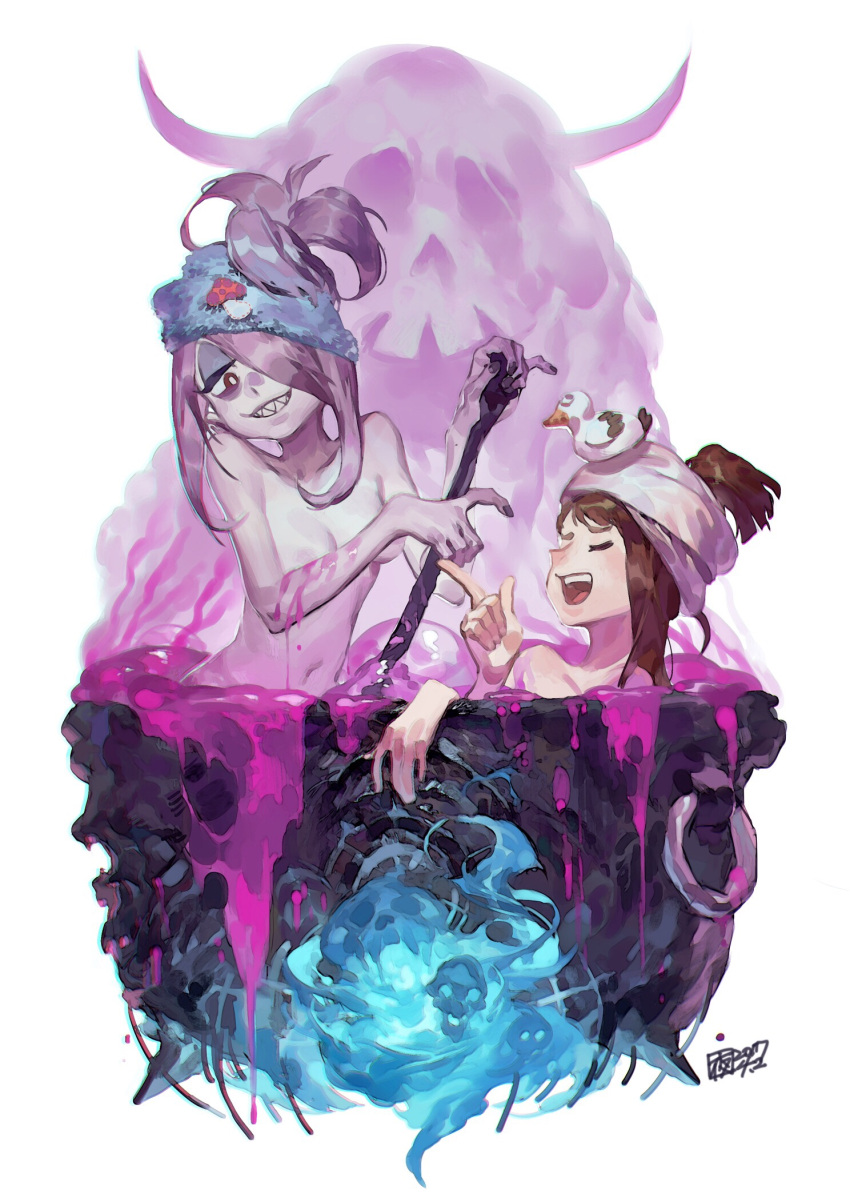 2girls :d alternate_hairstyle artist_name bangs bare_arms bare_shoulders bathing breasts brown_hair bubble cauldron closed_eyes collarbone eyeliner eyeshadow fingernails hair_ornament hair_over_one_eye hairclip highres holding holding_staff in_cauldron in_container index_finger_raised kagari_atsuko little_witch_academia long_fingernails long_hair makeup mascara multiple_girls nail_polish nude open_mouth pale_skin partially_submerged purple_hair purple_nails rubber_duck shared_bathing sharp_teeth sidelocks simple_background skull small_breasts smile smoke staff standing sucy_manbavaran teeth tied_hair towel towel_on_head white_background yotsuyu