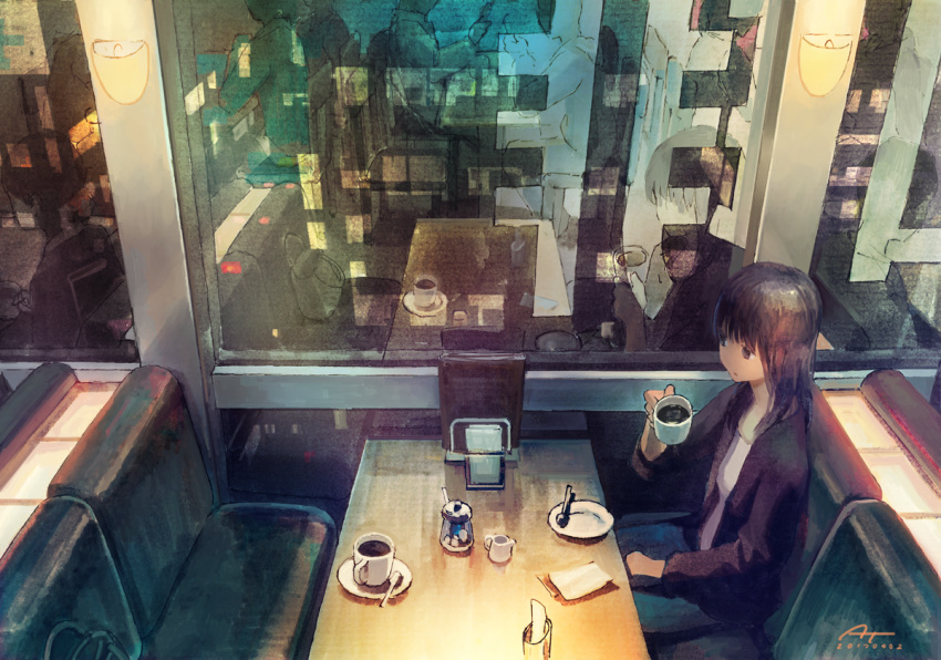 1girl bag black_eyes black_hair blurry building cafe city coffee coffee_cup commentary dated empty_eyes handbag holding indoors long_hair menu millipen_(medium) mixed_media muted_color nib_pen_(medium) night original reflection saucer scenery signature sitting sketch spoon sugar_cube table texture tokunaga_akimasa traditional_media window