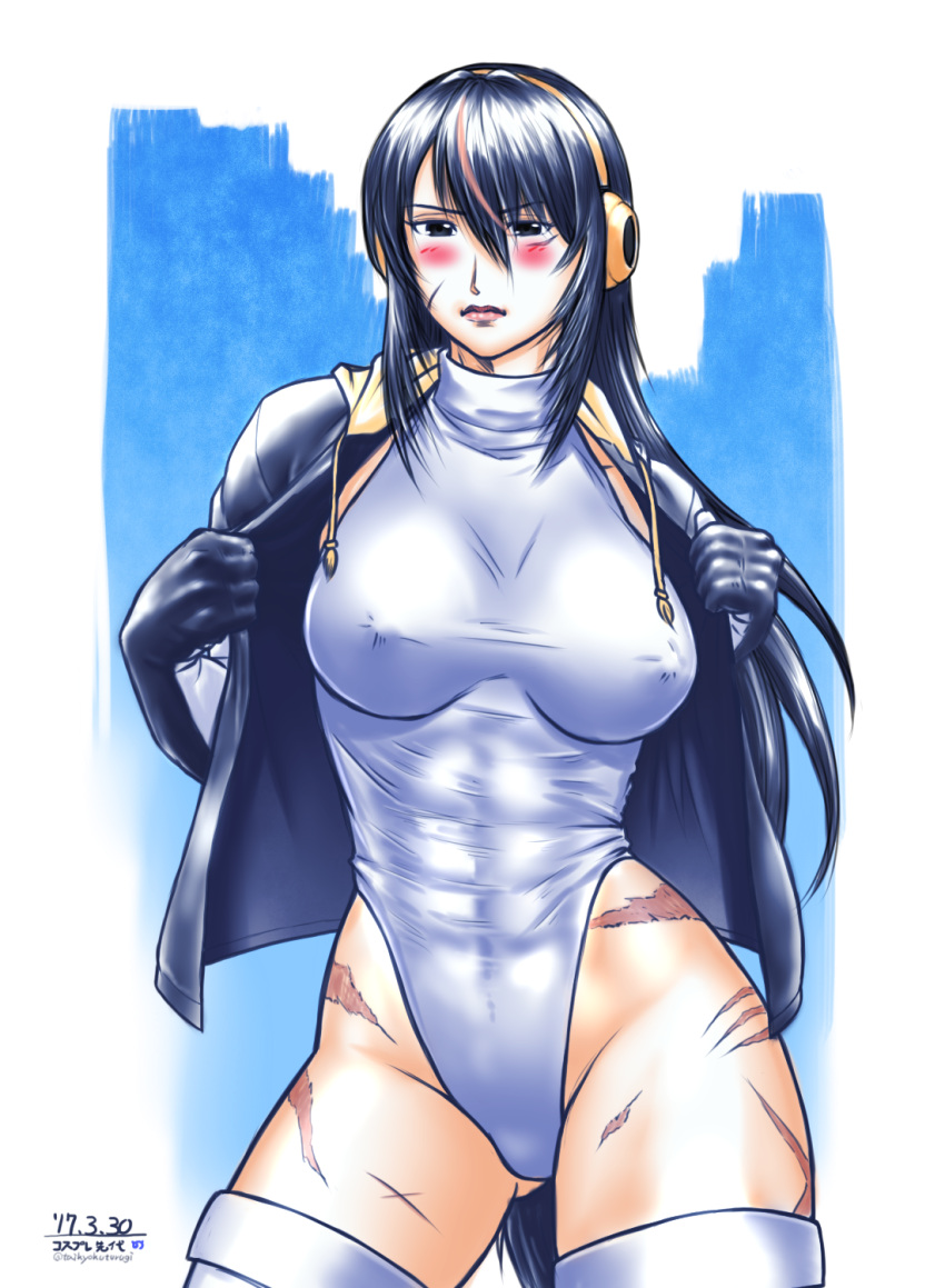 1girl abs black_eyes black_gloves black_hair blush breasts contrapposto cosplay_request covered_nipples cowboy_shot gloves headphones highleg highleg_leotard highres hood hoodie leotard leotard_under_clothes lips m.u.g.e.n medium_breasts open_clothes open_hoodie original scar sendai_hakurei_no_miko solo standing taikyokuturugi thigh-highs touhou undressing white_legwear white_leotard