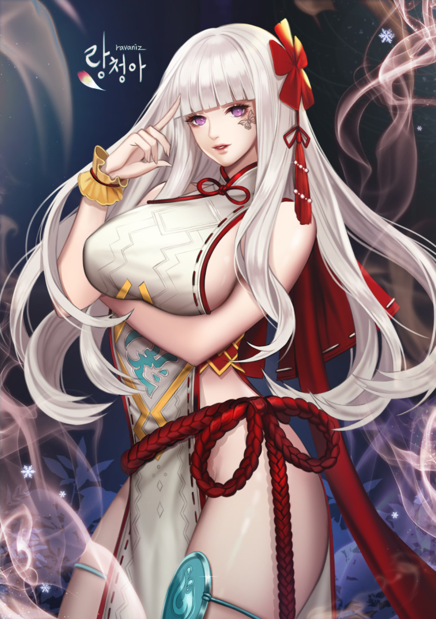 1girl arm_across_waist bangs bare_shoulders blade_&amp;_soul blunt_bangs breast_hold breasts china_dress chinese_clothes dress eyelashes hair_ornament halter_dress highres large_breasts lips long_hair looking_at_viewer no_bra no_panties parted_lips pelvic_curtain ravaniz rope shimenawa sideboob snowflakes solo thigh_strap violet_eyes white_hair