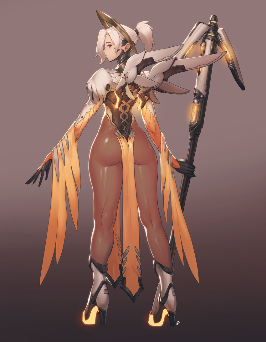 1girl ass bodysuit brown_eyes from_behind high_heels highres instant_ip legs looking_back mechanical_halo mechanical_wings mercy_(overwatch) overwatch ponytail short_hair solo staff thighs white_hair wings