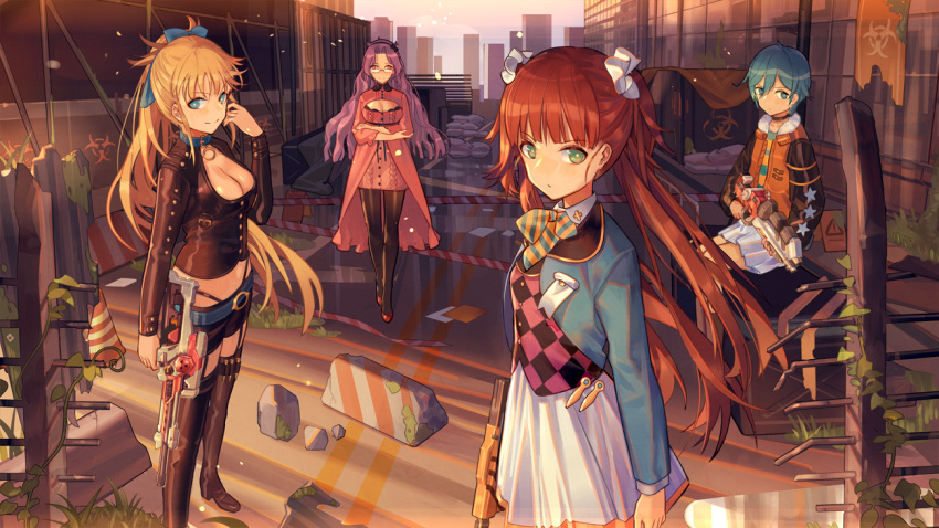 &gt;:( &gt;:) 4girls aran_sweater arms_at_sides bangs banner belt black_legwear blush breasts cleavage cleavage_cutout closed_mouth collar dress full_body gun hair_ribbon holding holding_gun holding_weapon jacket latex light_particles long_hair long_sleeves looking_at_viewer low_twintails medium_breasts multiple_girls open_clothes open_jacket ponytail ribbon rifle ruins serious shaonyu_cofee_gun short_hair short_shorts shorts small_breasts smile standing sunlight sweater sweater_dress thigh-highs twintails wavy_hair weapon zicai_tang