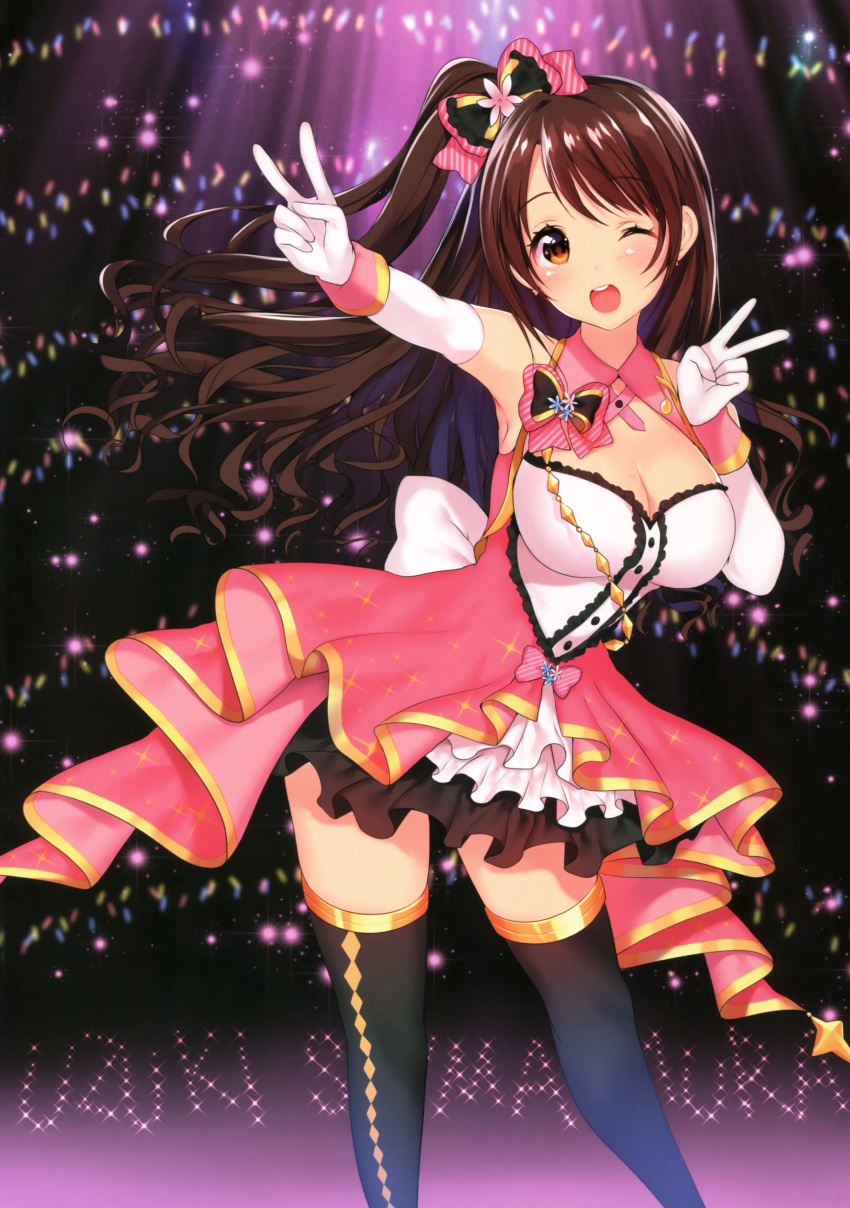 1girl ;d absurdres bangs bare_shoulders black_legwear blush bow breasts brown_eyes brown_hair buttons character_name cleavage contrapposto double_v dress earrings elbow_gloves eyebrows_visible_through_hair eyelashes frilled_dress frilled_skirt frills gloves hair_bow hands_up highres idolmaster idolmaster_cinderella_girls jewelry large_breasts legs_apart long_hair looking_at_viewer matarou_(genkai_toppa) medium_breasts one_eye_closed one_side_up open_mouth pink_bow round_teeth scan shimamura_uzuki showgirl_skirt skirt sleeveless sleeveless_dress smile solo sparkle standing striped striped_bow teeth thigh-highs upper_teeth v white_gloves