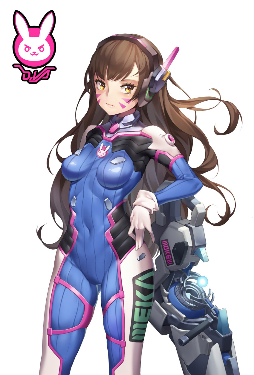 &gt;:3 1girl :3 acronym animal_print arm_at_side bangs blue_bodysuit bodysuit boots bracer breasts breasts_apart brown_eyes brown_hair bunny_print character_name closed_mouth clothes_writing covered_navel cowboy_shot d.va_(overwatch) energy_gun eyelashes facepaint facial_mark gloves gravity_gun gun headphones high_collar highres legs_apart long_hair long_sleeves looking_at_viewer medium_breasts mokew overwatch pauldrons pilot_suit ribbed_bodysuit shiny shiny_clothes shoulder_pads simple_background skin_tight skindentation solo standing thigh-highs thigh_boots thigh_strap weapon whisker_markings white_background white_boots white_gloves