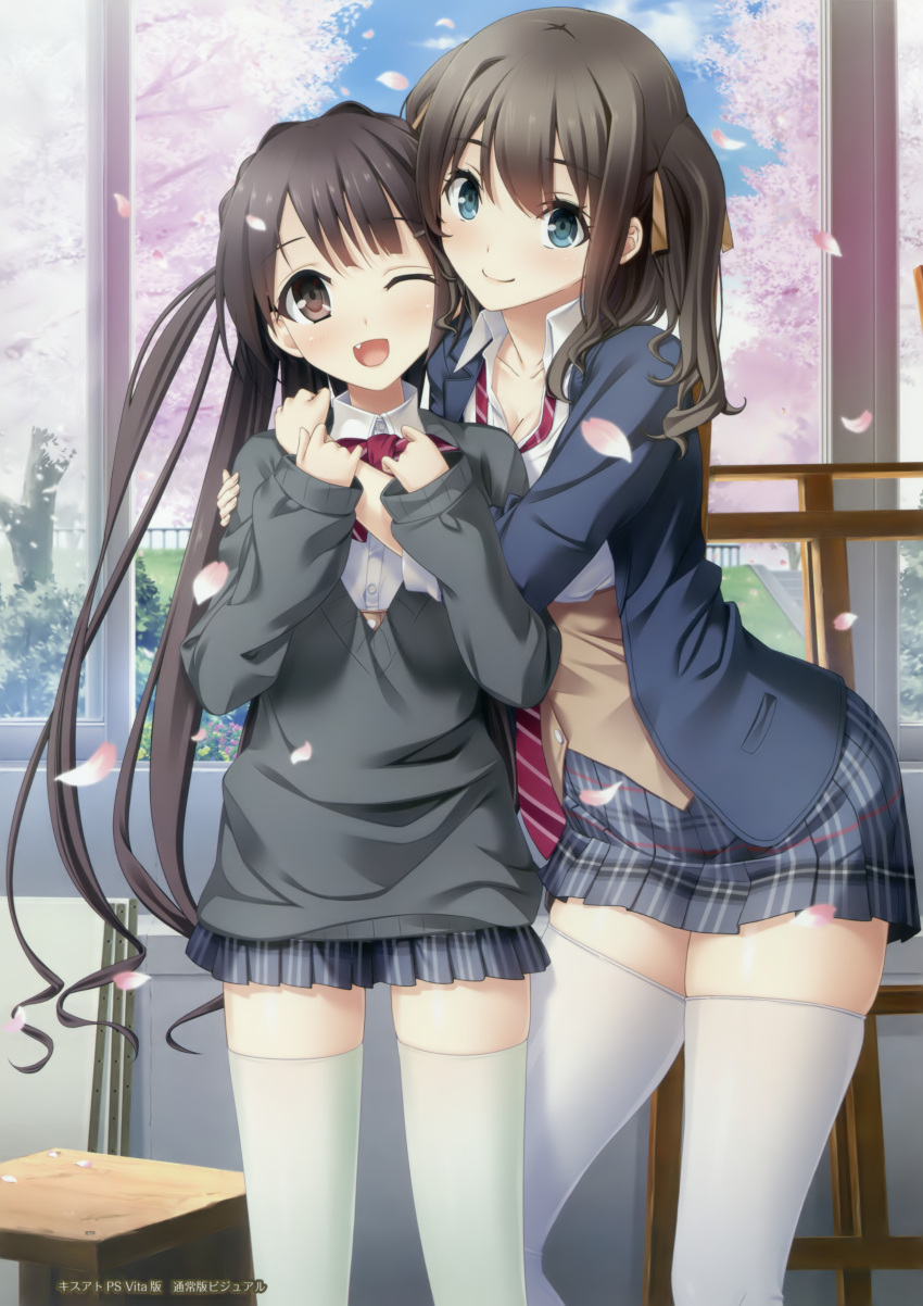 2girls ;d absurdres aikawa_arisa_(kiss_ato) black_jacket blazer blue_eyes blue_sky blush bow bowtie braid breasts brown_hair bush buttons cardigan cherry_blossoms cleavage closed_mouth clouds cloudy_sky collarbone cowboy_shot day dress_shirt eyebrows_visible_through_hair fang grass hair_ornament hairclip highres hug jacket kano_hijiri kiss_ato_kiss_will_change_my_relation_with_you large_breasts legs_apart long_hair long_sleeves mikoto_akemi miniskirt multiple_girls necktie one_eye_closed open_clothes open_jacket open_mouth orange_ribbon petals plaid plaid_skirt pleated_skirt ribbon school_uniform shirt skirt sky sleeves_past_wrists smile stairs stone_stairs sweater thigh-highs tree twintails two_side_up unbuttoned unbuttoned_shirt very_long_hair white_legwear white_shirt zettai_ryouiki