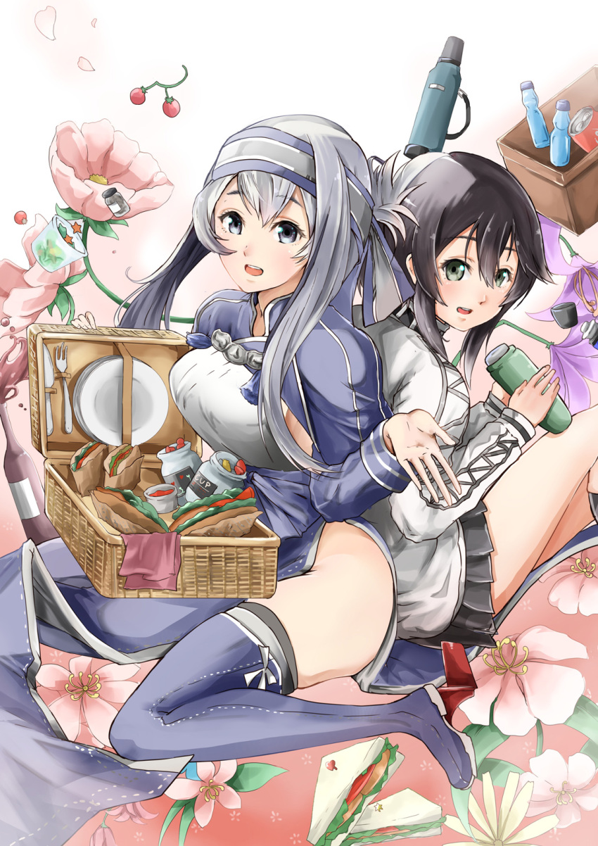 2girls ainu_clothes alcohol bandanna black_hair black_skirt blue_eyes blush boots bottle breasts cherry_tomato commentary flower food fork green_eyes hayasui_(kantai_collection) highres holding jacket jam kamoi_(kantai_collection) kantai_collection kitchen_knife kneehighs knife long_hair long_sleeves looking_at_viewer miniskirt multiple_girls no_panties open_hand open_mouth plate pleated_skirt ramune remodel_(kantai_collection) sandwich sezoku short_hair skirt smile thermos thigh-highs thigh_boots tomato track_jacket white_hair wine wine_bottle