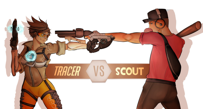 1boy 1girl aiming anime-grimmy bandaged_arm baseball_bat bat brown_eyes brown_hair bubble_blowing chewing_gum crossover dual_persona dual_wielding gun hat headset highres lips overwatch sawed-off_shotgun short_hair shotgun team_fortress_2 the_scout tracer_(overwatch) visor vs weapon