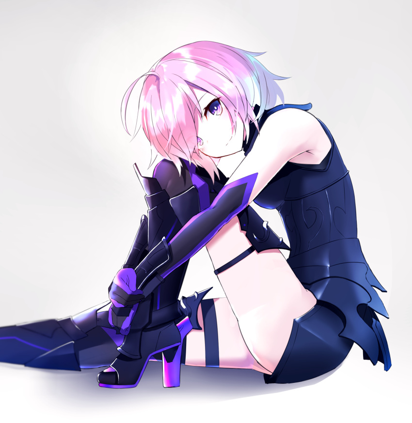 1girl ahoge armor armored_boots boots chamnaitu fate/grand_order fate_(series) from_side grey_background high_heel_boots high_heels highres leg_hug looking_at_viewer naitsu pink_hair shielder_(fate/grand_order) short_hair sitting smile solo thigh-highs thigh_boots violet_eyes