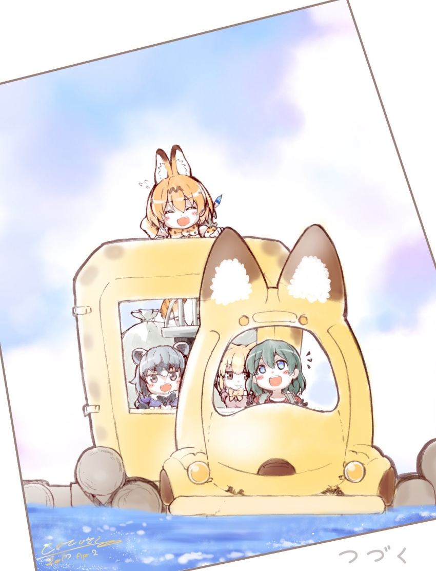 2017 4girls animal_ears bangs black_hair blonde_hair blush_stickers bow bowtie brown_eyes closed_eyes clouds commentary_request cototiworld dated day driving elbow_gloves fennec_(kemono_friends) fox_ears fur_collar fur_trim gloves grey_eyes grey_hair hair_between_eyes happy hat_feather highres japari_bus kaban kemono_friends multicolored_hair multiple_girls ocean open_mouth raccoon_(kemono_friends) raccoon_ears sack serval_(kemono_friends) serval_ears serval_print serval_tail short_hair simple_background sky smile striped_tail tail water white_background white_hair