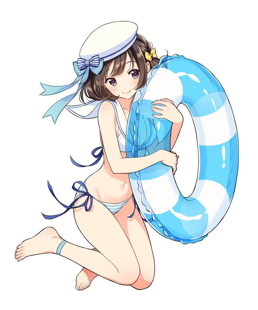 1girl absurdres ankle_strap bangs bare_shoulders barefoot bikini blue_ribbon blush bow braid breasts closed_mouth collarbone eyebrows_visible_through_hair fingernails front-tie_bikini front-tie_top full_body groin hair_bow hat hat_bow highres holding innertube medium_breasts morikura_en navel original ribbon sailor_bikini sailor_collar sailor_hat short_hair side-tie_bikini side_braid simple_background smile solo stomach striped striped_bikini_bottom striped_bow swimsuit toenails toes violet_eyes white_background white_hat yellow_bow