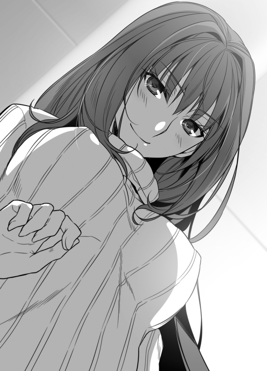 1girl absurdres blush breasts closed_mouth erect_nipples eyebrows_visible_through_hair fate/grand_order fate_(series) from_below greyscale highres indoors light long_hair looking_at_viewer looking_down monochrome scathach_(fate/grand_order) smile solo sweater turtleneck turtleneck_sweater upper_body yamoge