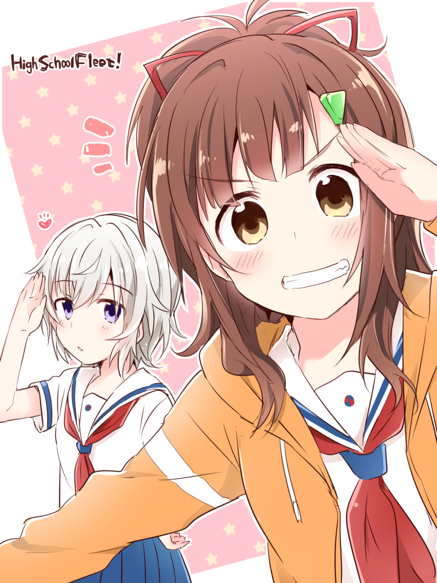 2girls blue_skirt brown_eyes brown_hair copyright_name grin hair_ribbon high_school_fleet highres irizaki_mei jacket long_hair looking_at_viewer multiple_girls neckerchief orange_jacket pleated_skirt ponytail red_neckerchief ribbon salute school_uniform serafuku short_hair silver_hair skirt smile tateishi_shima violet_eyes white_sailor_collar yasaka_shuu