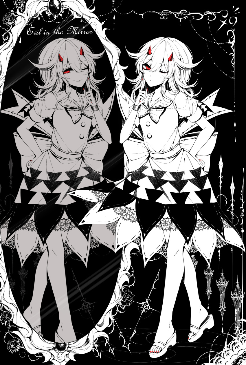 1girl absurdres dress finger_to_cheek greyscale hand_on_hip high_heels highres horns kijin_seija monochrome multiple_girls one_eye_closed pantyhose red_eyes reflection sheya skirt solo spot_color touhou