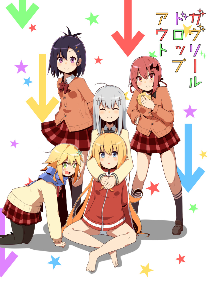 5girls :o :t ahoge arms_behind_back arrow_background barefoot bat_hair_ornament black_hair blonde_hair blue_eyes bread cardigan chisaki_tapris_sugarbell closed_eyes copyright_name cross_hair_ornament eating flower food gabriel_dropout green_eyes grey_hair hair_flower hair_ornament hair_rings hand_on_hip highres hug jacket kneeling kurumizawa_satanichia_mcdowell long_hair looking_at_viewer mei_mu melon_bread multiple_girls open_mouth panties pantyhose pantyshot pantyshot_(sitting) red_eyes redhead scarf school_uniform shiraha_raphiel_ainsworth short_hair sitting smile star starry_background tenma_gabriel_white topknot track_jacket tsukinose_vignette_april underwear violet_eyes wavy_mouth