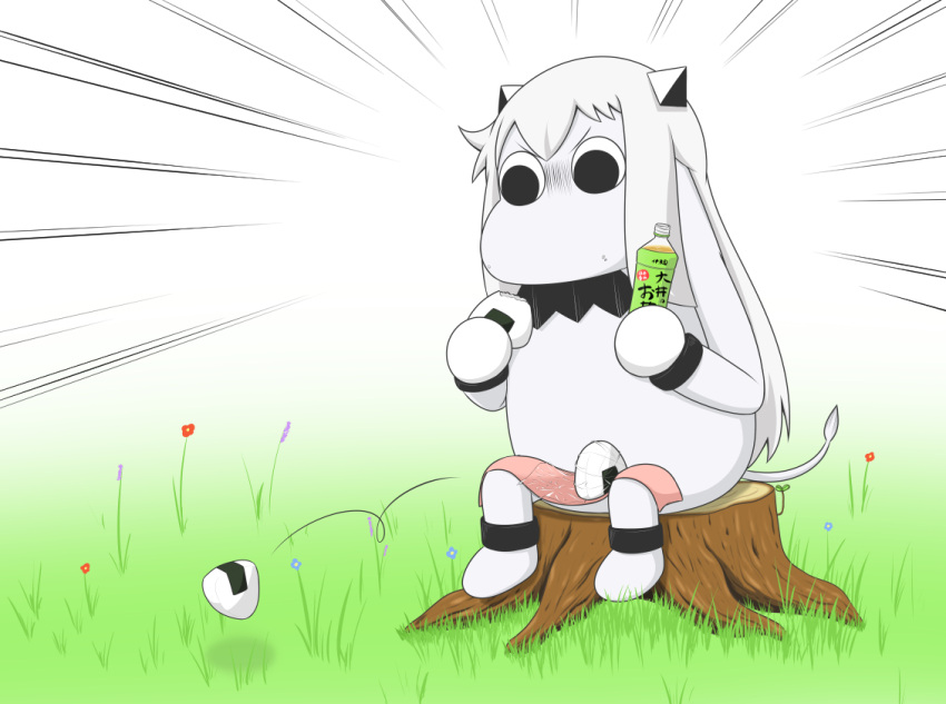 (o)_(o) bottle collar comic commentary_request dropping eating flower food food_on_legs grass holding holding_bottle holding_food horns kantai_collection long_hair mittens moomin muppo northern_ocean_hime onigiri sazanami_konami sitting solo tail tree_stump white_background white_hair wrappings