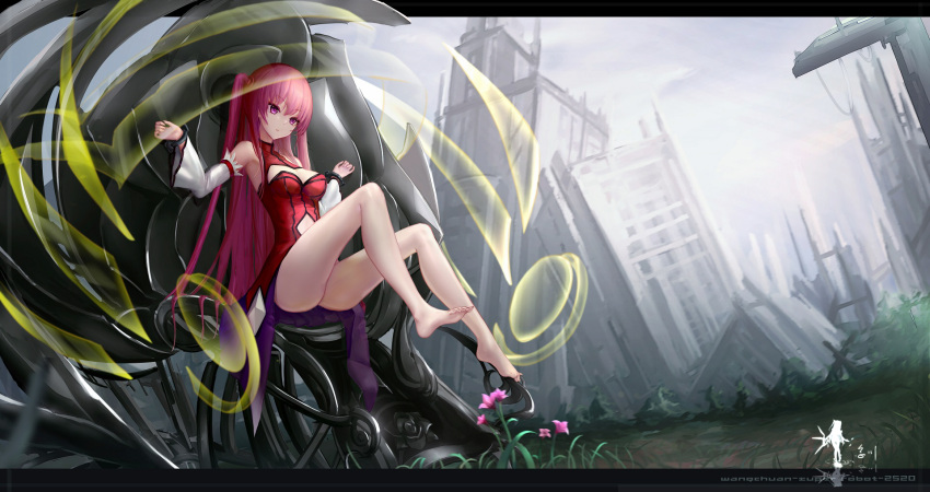 1girl bare_shoulders barefoot cleavage_cutout detached_sleeves feet flower highres long_hair original pink_eyes pink_hair restrained ruins soles solo stationary_restraints toes twintails wangchuan_de_quanyan